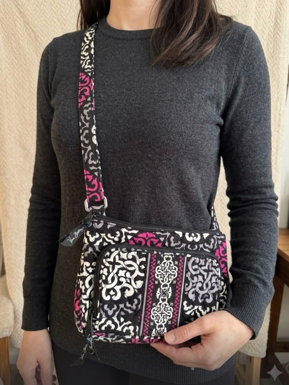 Vera Bradley Black, Pink & Gray Quilted Crossbody Bag